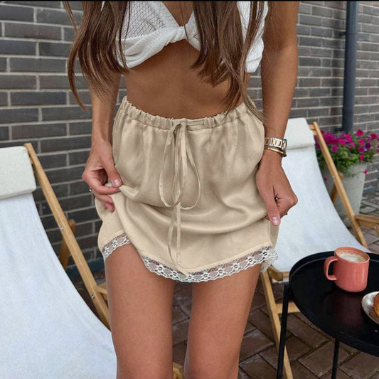 Lace Tie Satin A-Line Midi Skirt