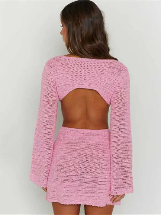 Square Neck Long Sleeves Mini Dress Cover-Up