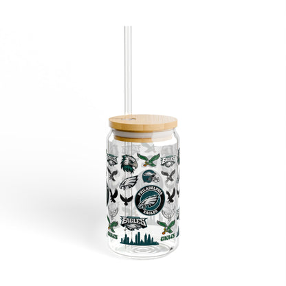 Philadelphia Eagles Glass Sipper 16oz with Straw — NFL Fan Drink Tumbler
