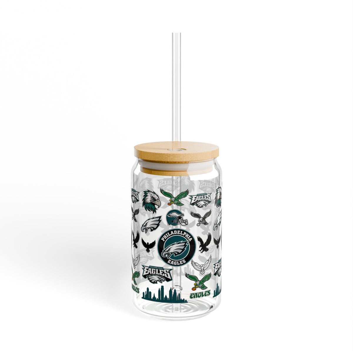 Philadelphia Eagles Glass Sipper 16oz with Straw — NFL Fan Drink Tumbler