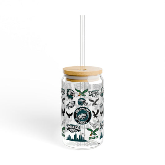 Philadelphia Eagles Glass Sipper 16oz with Straw — NFL Fan Drink Tumbler