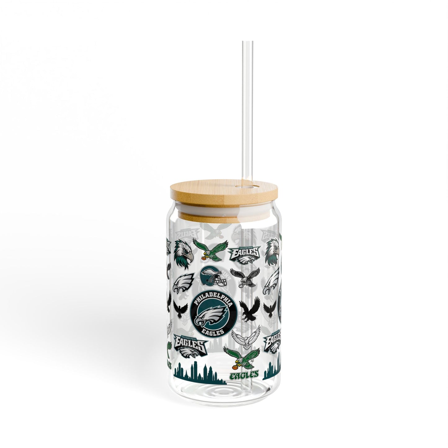 Philadelphia Eagles Glass Sipper 16oz with Straw — NFL Fan Drink Tumbler