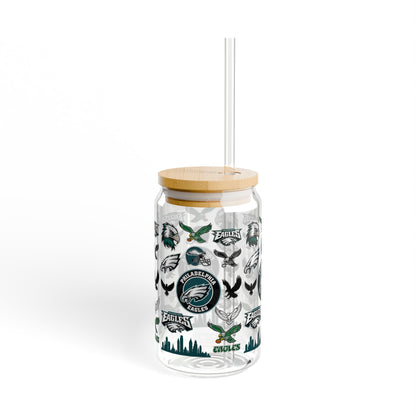 Philadelphia Eagles Glass Sipper 16oz with Straw — NFL Fan Drink Tumbler
