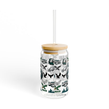 Philadelphia Eagles Glass Sipper 16oz with Straw — NFL Fan Drink Tumbler