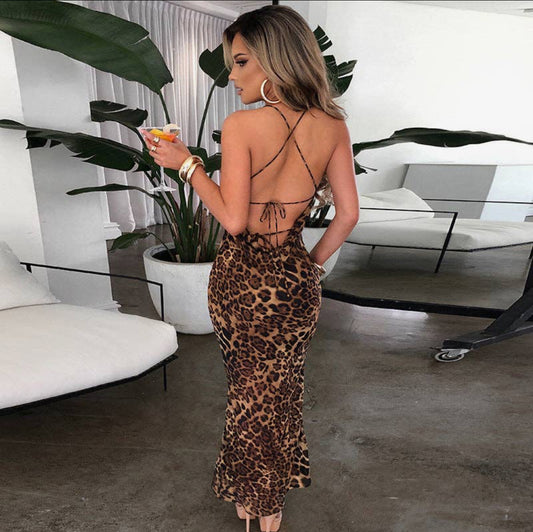 Off Shoulder Leopard Print Bodycon Dress with Back Tie
