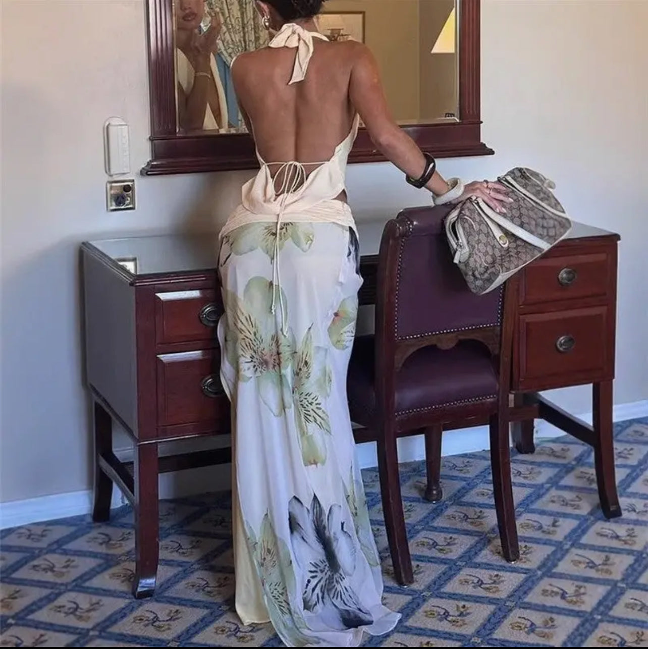 Backless Halter Top with Printed Maxi Skirt Set