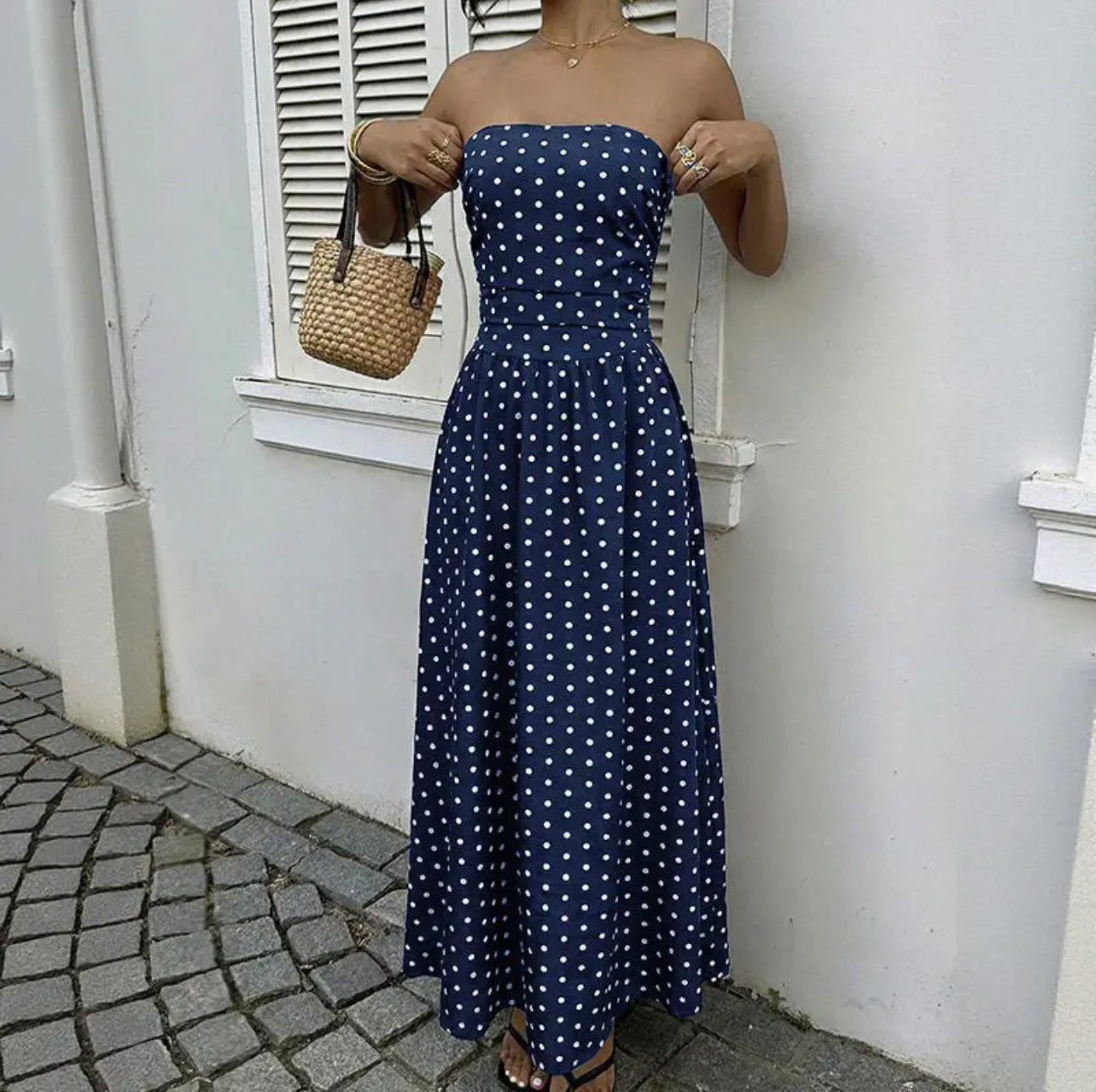 Polka Dot Strapless Long Dress