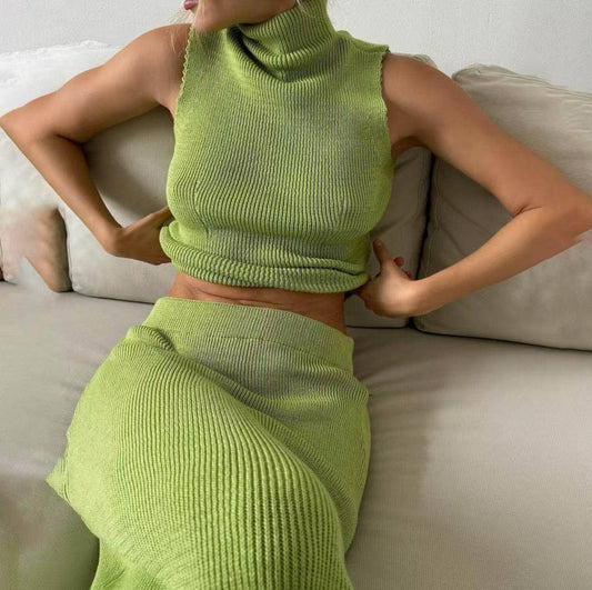 French Style Knit High Neck Vest Skirt Set
