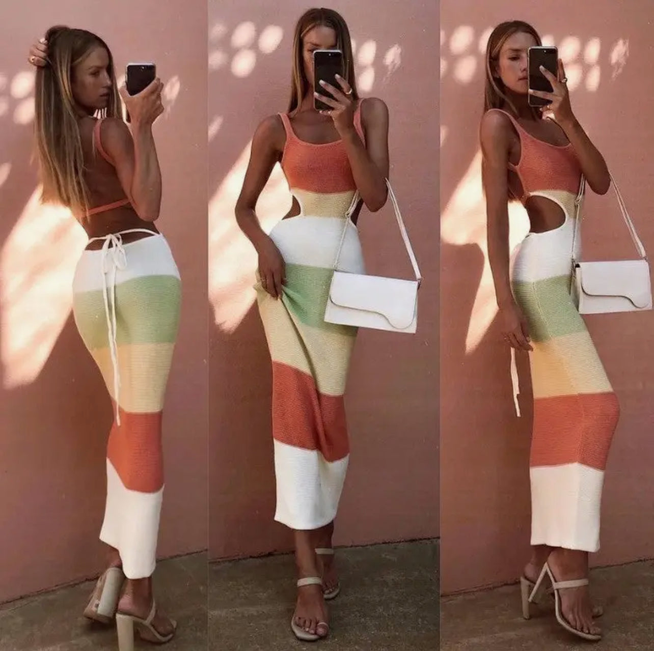 Strappy Knit Cami Dress with Backless Striped Design