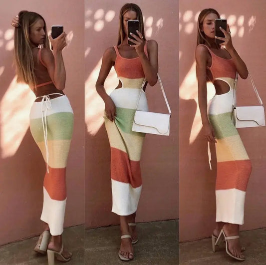 Strappy Knit Cami Dress with Backless Striped Design