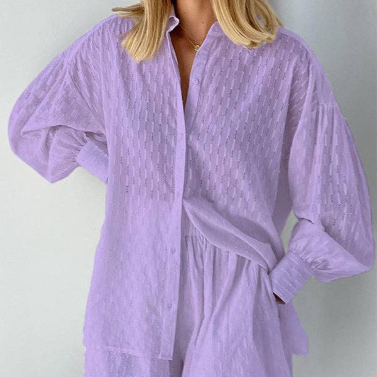 Long Sleeve Buttoned Jacquard Solid Color Lapel Shirt & Shorts Set
