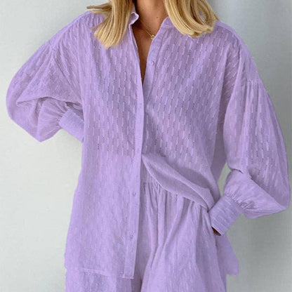 Long Sleeve Buttoned Jacquard Solid Color Lapel Shirt & Shorts Set