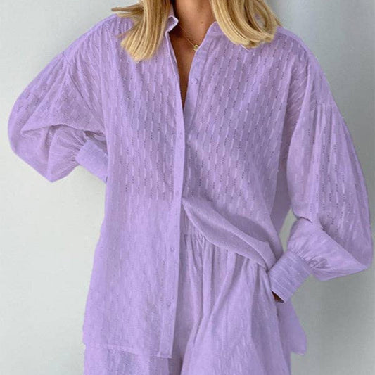 Long Sleeve Buttoned Jacquard Solid Color Lapel Shirt & Shorts Set