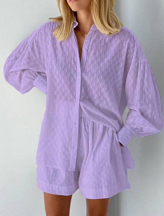Long Sleeve Buttoned Jacquard Solid Color Lapel Shirt & Shorts Set