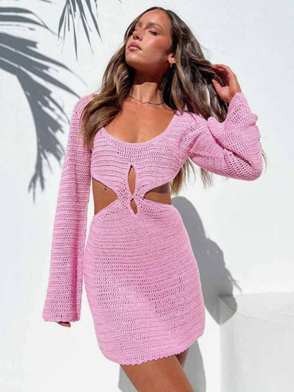 Square Neck Long Sleeves Mini Dress Cover-Up