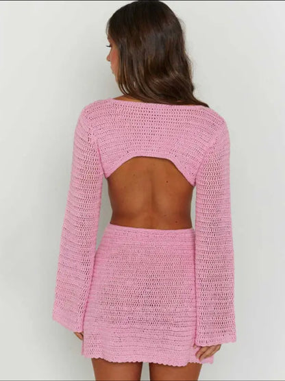 Square Neck Long Sleeves Mini Dress Cover-Up