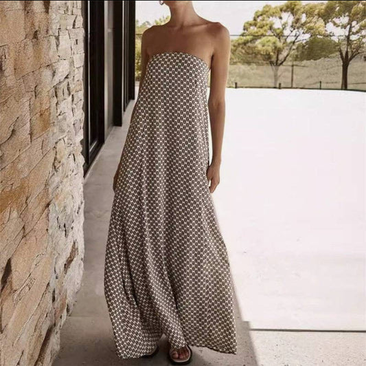Geometric Print Strapless Maxi Dress